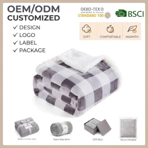 Factory Supply Double Layer Sherpa Fleece Blanket Grey White Checkered Throw Blanket Warm Flannel Blanket for Home Sofa Bed