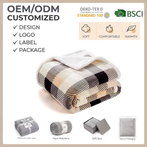 Factory Supply Double Layer Sherpa Fleece Blanket Grid Plaid Throw Blanket Warm Flannel Blanket for Home Sofa Bed