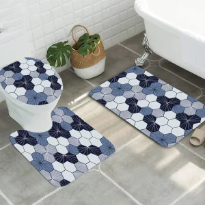 Factory Supply Microfiber Non Slip Bath Rug Geometric Soft Velvet Padded Bathroom Mats for 3 Pieces Toilet Mat