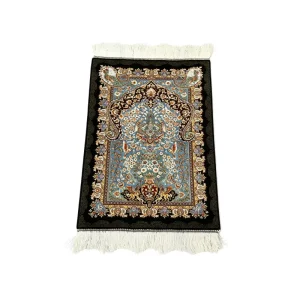 Factory Supply Sky Blue Persian Vase Bird Peacock Modal Silk Rug 60*90cm Double Sided Woven Mulberry Silk Fringes