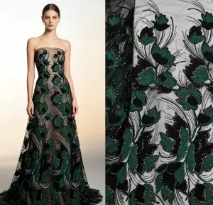 Factory Tulle Lace Fabric Black Green 3D Floral Rhinestone Sequins Embroidery Mesh for Garment Factory Occasion Dress