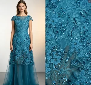 Factory Turquoise Blue 3D Floral Rhinestone Tulle Fabric For Women Occasion Party Garment