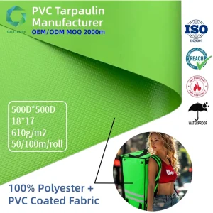 Factory Waterproof Textile Luggage Bag Materials 500*500D 610gsm Green PVC Tarpaulin For Food Delivery Backpack