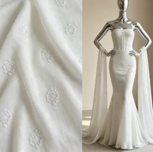 Fairy Stripe Yoryu Crepe Fabric Scattered Round Floral Beaded Embroidery Sheer Fabric for Wedding Dresses