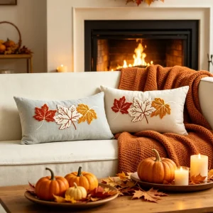 Fall Pillow CoversEmbroidery Autumn Maple Leaf Decor Seasonal Autumn Leaf Embroidery Throw Pillow Covers
