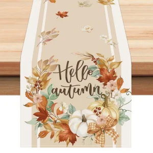 Fall Pumpkin Thanksgiving Table Runner Hello Autumn Wreath Flower Table Runner Maple Leaves Decor for Indoor Outdoor Home Party