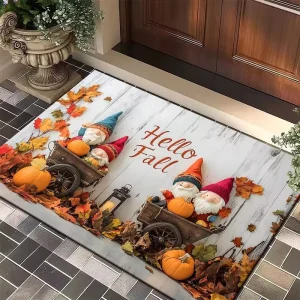 Fall Thanksgiving Gnome Pumpkin Doormat Custom Material Linen Look Welcome Floor Mat Wood Grain Front Door Decor Rug