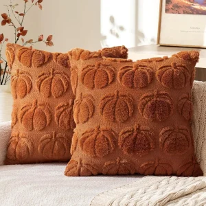 Fall Throw Pillow Covers Autumn Decorations Pumpkin Accent Pillowcase for Home Decor Plush Faux Fur Halloween Farmhouse