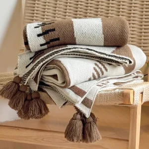 Fall winter tassel Brown knit blanket knitted blankets for adults