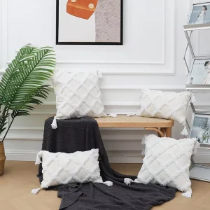 Fancy Tufted Geometric Tassel Linen Cushion Covers Crochet Boho Pillow Case for Sofa Floor Chair