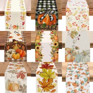 Farmhouse Autumn Linen Table Runner Floral Printed Fall Harvest Thanksgiving Kitchen Dining Mat Vintage Rustic Holiday Table