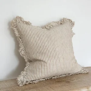 Farmhouse Ruffle Edge Striped Cushion Cover 20×20 Inch Natural Linen Cotton Blend Square Decorative Throw Pillow Cover