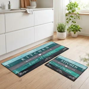 Farmhouse Rustic Kitchen Rugs Set of 2 Non Skid Washable Polyester Wooden Texture Vintage Home Decor Machine Made