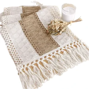 Farmhouse Rustic Table Runner Cream Brown Macrame Burlap Tassels Embroidered Dining Table Runners for Christmas Parties Summer