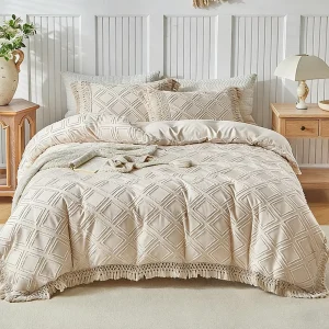 Fast Delivery Boho Textured Duvet Cover Set Cut Out Grid Fringe Trim Breathable Skin Friendly Bedding Set Customizable OEM