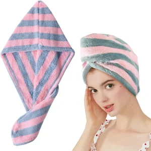 Fast Dry Striped Turkish Style Microfiber Hair Towel for Women Quick Drying Absorbent Wrap with Button Soft Hair Turban 1