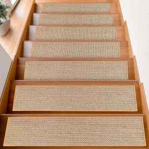 Faux Linen Stair Treads for Wooden Steps Indoor 8″ X 30″ Stair Carpet Rug Non Slip Machine Washable for Kids Elders and Pets