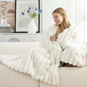 Faux Rabbit Fur Knitted Throw Blanket with Ribbed Plush Stripes Luxury Soft Warm Fluffy Four Seasons Use for Sofa Bed Home Decor