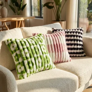 Faux Rabbit Fur Modern Luxury Striped Textured Plush Decorative Throw Pillow Customizable Color Logo Removable Washable Decor