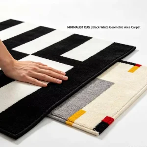 Faux Wool Black White Geometric Patchwork Rug Medium Pile Carpet for Modern Minimalist Living Rooms
