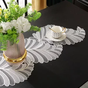 Feather Leaf Hollow Lace PVC Table Runner Long Botanical Placemat Foldable Waterproof Heat Resistant Washable Dining Mat