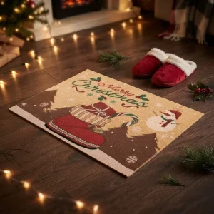 Festive Christmas Welcome Mat Durable Brown Entryway Rug with Non Slip TPR Backing Low Profile 7mm Mud Scraper Mat for Home