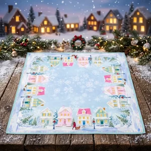 Festive Houses & Trees Holiday Gatherings Soft Felt Game Table Mat Winter Village Snowflake Mahjong Mat