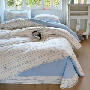 Fish Print 4 Piece Washed Bedding Set Includes Drawstring Bag