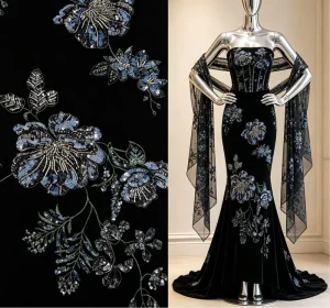 Five Color Velvet Fabric Large Vine Florals Embroidered Blue Iridescent Sequins Medium Weight for Autumn Winter Wedding Retro