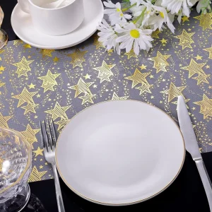 Five Pointed Star Gold Stamped Line Reusable Polyester Cotton Table Runner 183cm Diameter for Simple Mat Pad