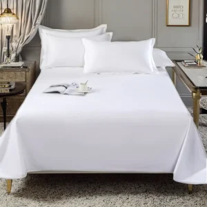 Five-Star Hotel Collection Pure White Queen Size Bed Sheets Cotton Woven Linen Bedding Set with Flat Fitted Sheet