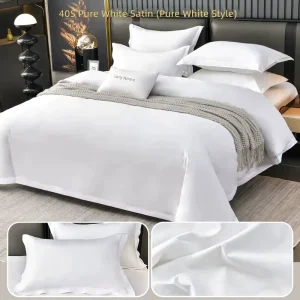 Five star Hotel Four piece White Quilt Cover Bed Sheet Set with Satin Technique Washable and Wrinkle resistant for Homestay