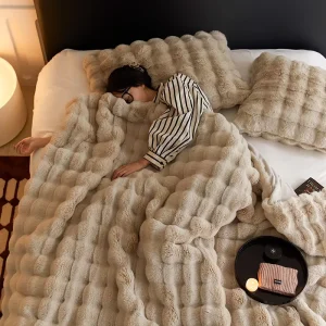 Fleece Bed Blanket Cozy Soft Rabbit Bubble Faux Fur Throw Blanket for Bed Couch and Sofa