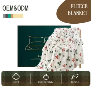 Fleece Print Throw Blanket Super Soft Fuzzy Red Floral and Green Leaves Printed Throw Blankets for Couch Sofa Bed and Home