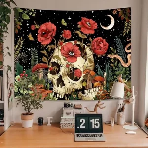 Floral Abstract Polyester Tapestry Mushroom Skeleton Goth Garden Aesthetic Tapestries 80×60 Inches Washable for Bedroom