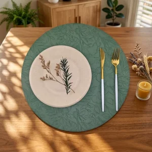 Floral Embossed PU Leather Placemat Waterproof Heat Resistant Non Slip Decorative Dining Tableware Mat