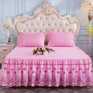 Floral Geometric Princess Non slip Full Queen King Size Bed Skirt and 2 Pillowcases Sets Luxury Wedding Bed Sheet Bedding Set
