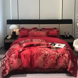 Floral Home Hotel King Size Satin Jacquard Fabric Red 4-Pieces Bed Sheet Duvet Cover Luxury Bedding Sets Collections