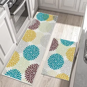 Floral Kitchen Rug Sets Bath Mats Runner Rugs Set with Runner Non Slip Waterproof 2 Piece Latex Free Polyester Customized Modern