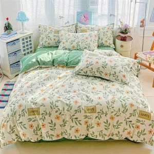 Floral Leaf Printed 100% Cotton 4 Piece Bedding Set for Home Bedroom