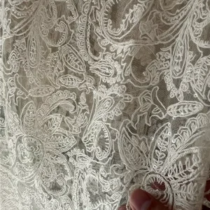Floral Mesh & Cotton Thread Embroidered Lace Fabric Full Width Lace Embroidery for Dresses and Wedding Gowns