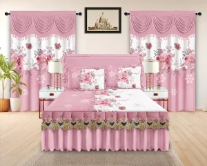 Floral Printed 5pcs Pleated Bed Skirt Set with Matching Curtain Bedding Set king Size Ready to Ship Bedskirt Sheet Set Bed Cover