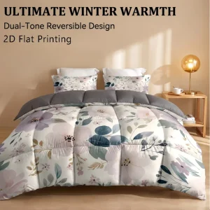 Floral Printed Comforter Set 3 Pieces 2D Flat Printing Dual Tone Warm Winter Quilt Set Soft Fluffy Bedding Set