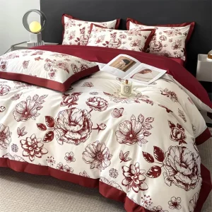 Floral Printed Cotton Quilted Bedding Set Luxury 4-Piece Bed Linen Skin-Friendly Breathable for All-Season