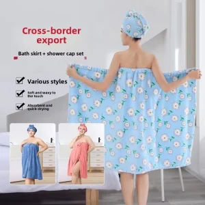 Floral Printed Strapless Skirt Shower Cap Women’s Bath Towel Soft Coral Fleece Absorbent Dry Hair Cap Two-piece Set
