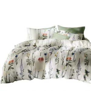 Floral Queen Comforter Set Reversible 3 Piece Bedding Set Coconut White Botanical Print Green Striped Pattern Machine