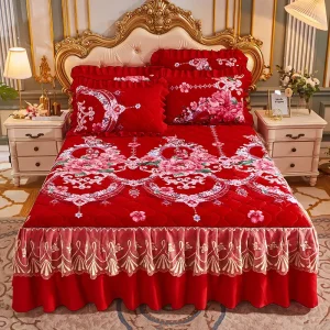 Floral Quilted Crystal Velvet Bed Skirt Set