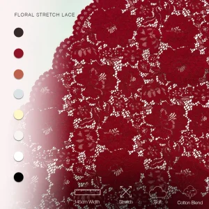 Floral Stretch Lace Fabric 145cm Cotton Viscose Blend Scallop Edge Red Lace for Fashion Dress