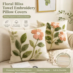 Floral Towel Embroidery Pillow Cover with Hidden Zipper for Sofa Bed Soft Textured Botanical Decorative Cushion Cover for Home