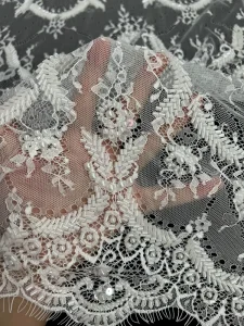 Floral White Beaded French Embroidery Woven Eyelash Lace Fabric Breathable Eco friendly Sustainable Lace